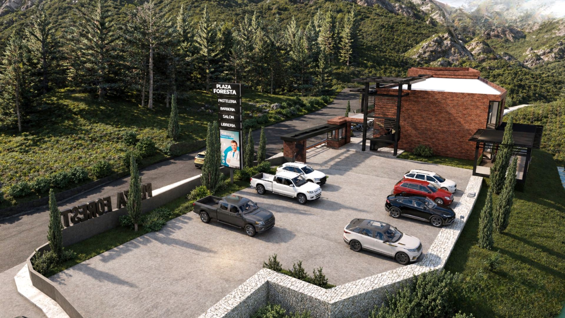 Acceso a la plaza rodeado de pinos